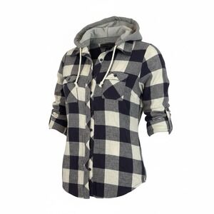 POLLY & ESTHER Flannel Shirt Women Sz S Blue&White Button Down Removable Hoodie